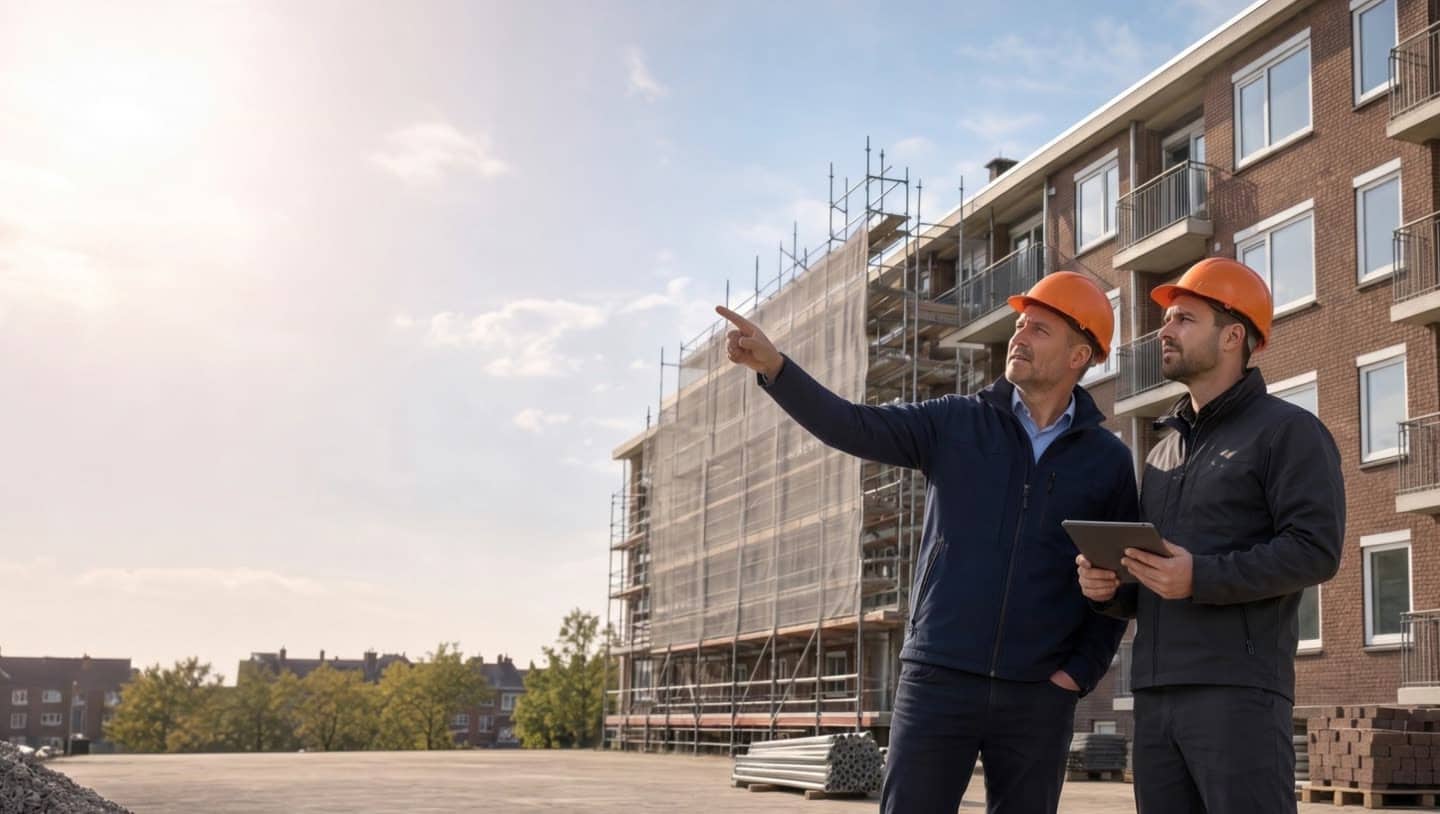 Twee professionals met oranje helmen bij een renovatieproject; de een wijst iets aan, de ander kijkt mee op een tablet.