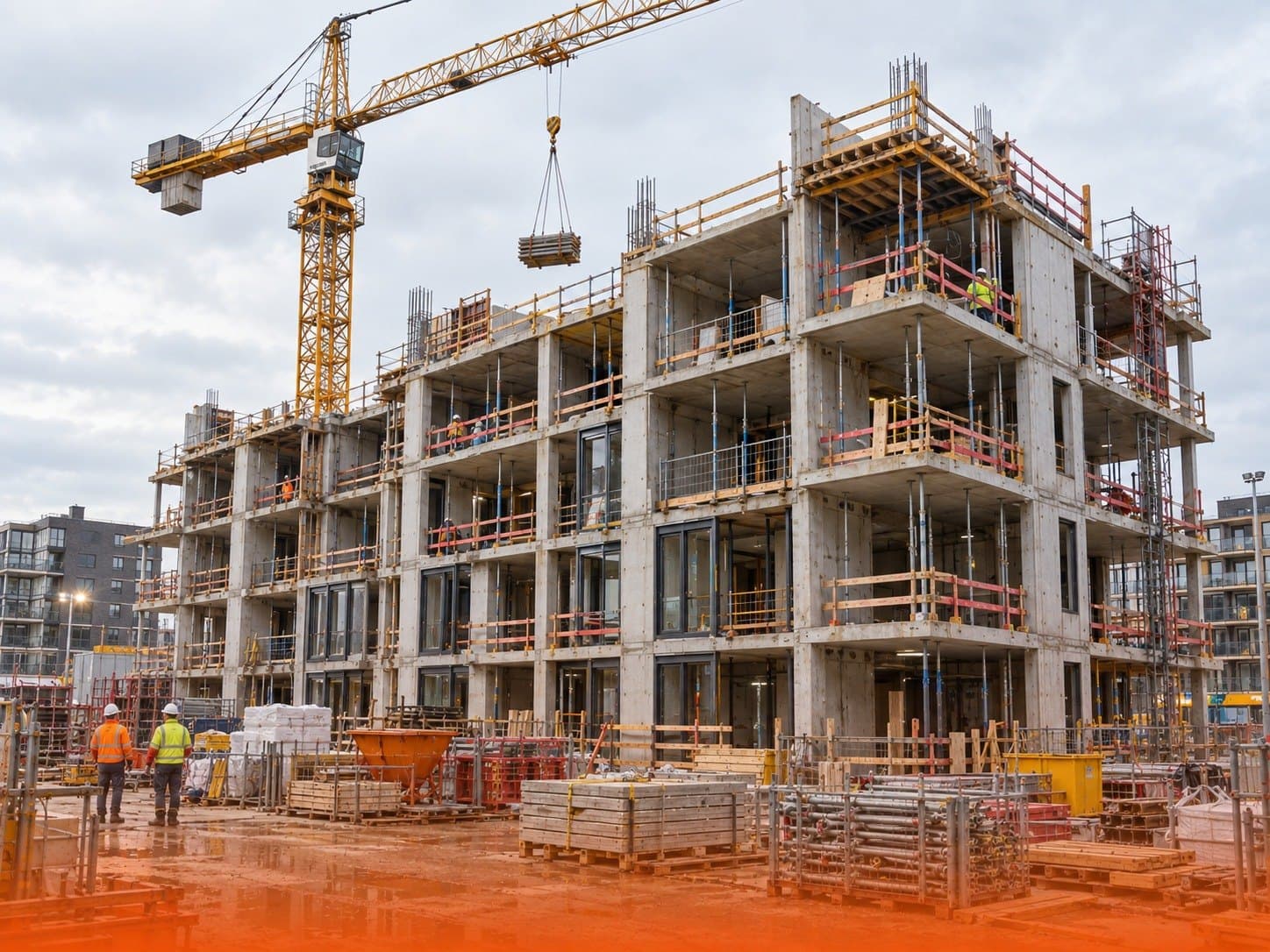 Nieuwbouwproject in aanbouw, met torenkraan boven een betonnen casco
